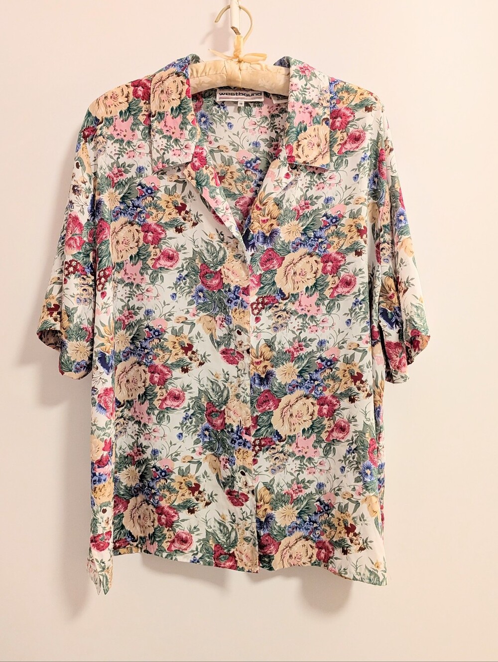 Westbound Vintage Floral Button-Down Short Sleeve Top - Cream, Pink, Blue